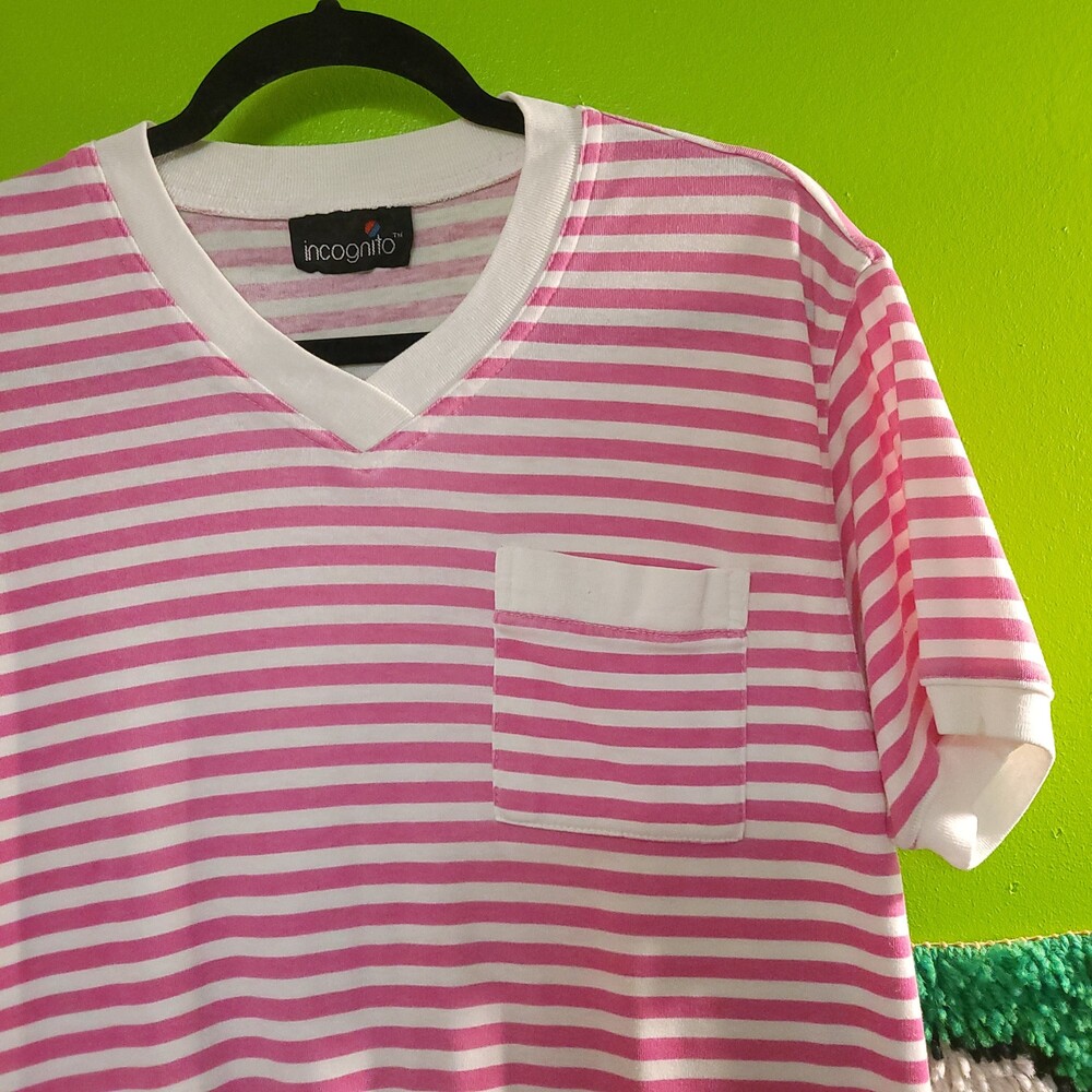 Incognito vintage 80s 90s Pink White Striped Short Sleeve Shirt Chest Pocket tee